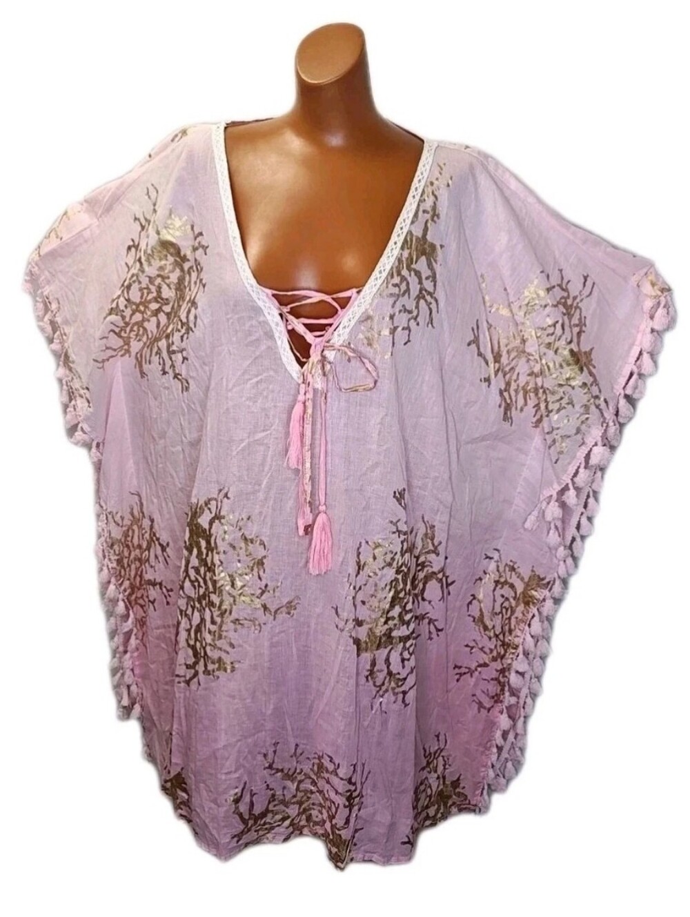 Debbie Katz South Beach Fringed Coverup Tunic Sz M Sheer Pink Gold Foil Resort